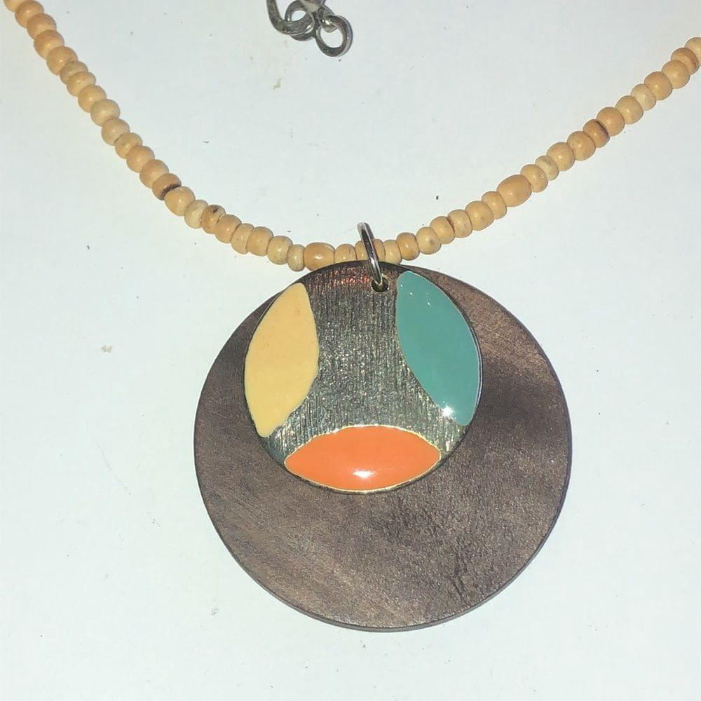 Wooden Beaded Silver Tone Boho Polka Dot Pendant Necklace